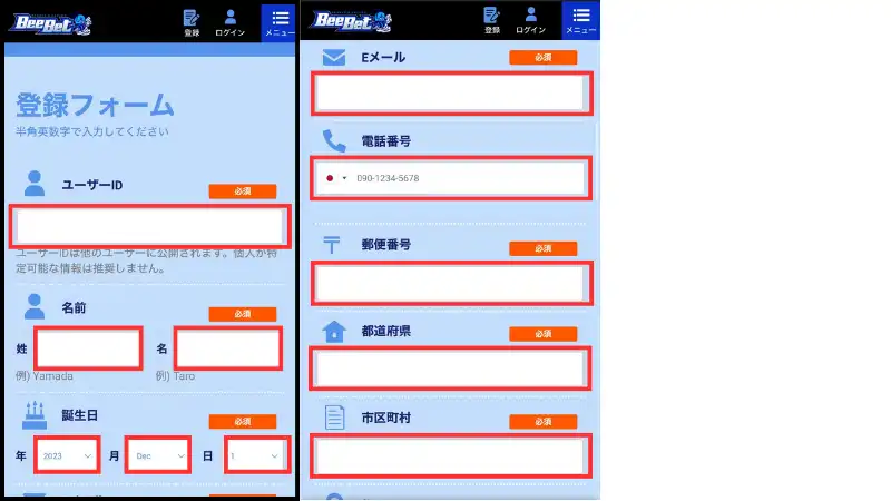 BeeBet(ビーベット)の登録方法簡単3ステップの登録フォームの分かりやすい画像です。