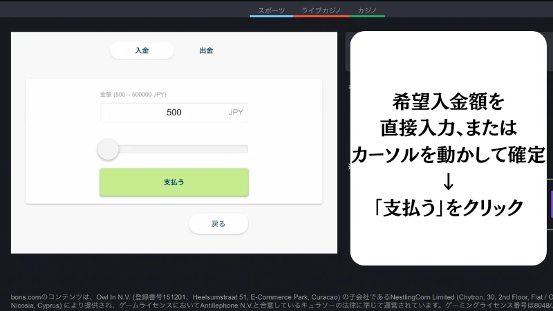 ボンズカジノの入金方法(Payz)について解説しています。