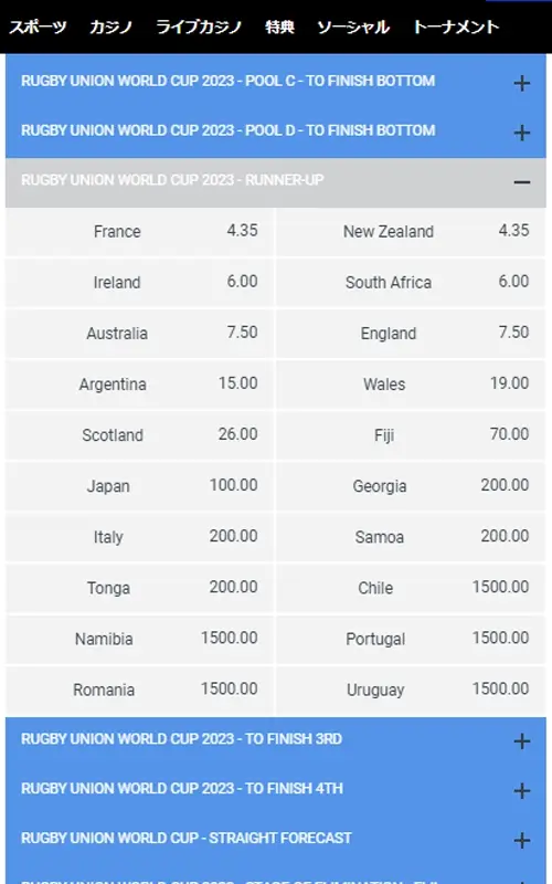BeeBetラグビーW杯への賭け方