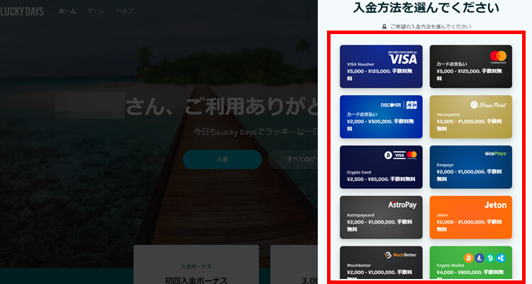 ラッキーデイズ 入金方法