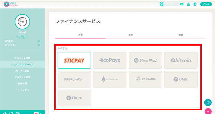 ユースカジノ 入金方法