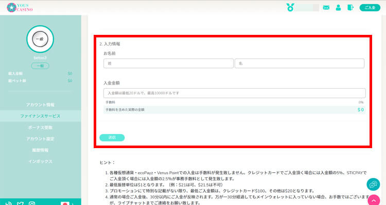 ユースカジノ 入金方法