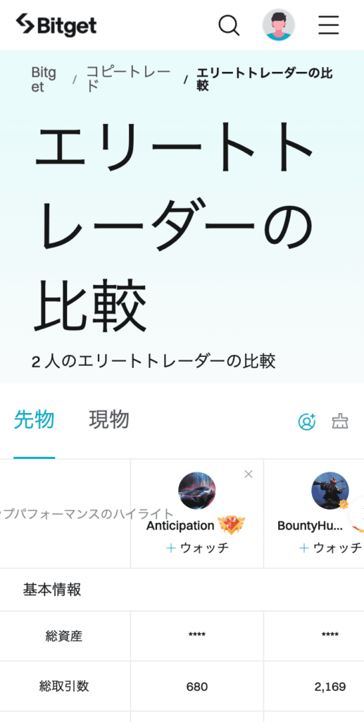 エリートトレーダーの比較 bitget
