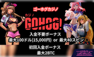 ゴーホグカジノ GOHOG! 入金不要ボーナス 最大100ドル(1,5000円)or最大40スピン 初回入金ボーナス最大2BTC