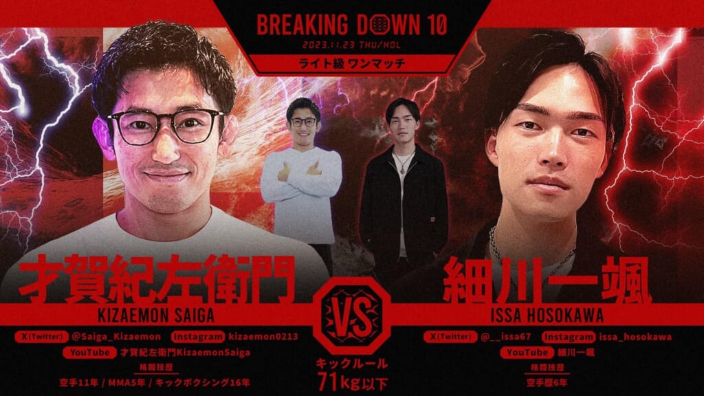 BREAKING DOWN
ライト級 ワンマッチ
才賀紀左衛門 vs 細川一颯