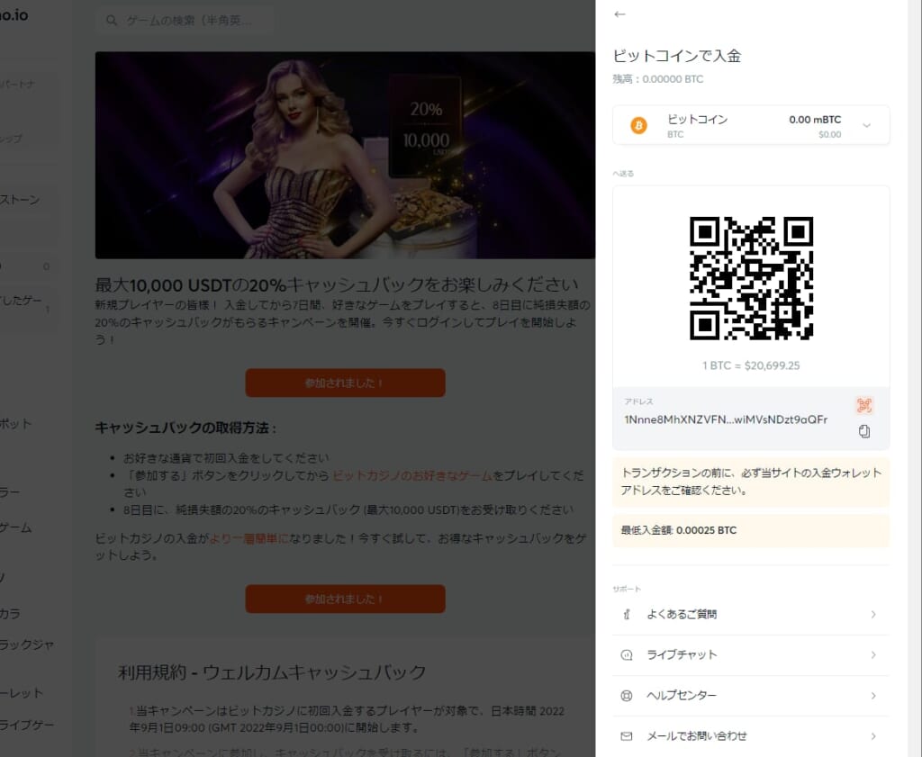 ビットコインで入金