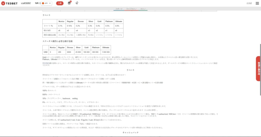 TEDBET リベートボーナス