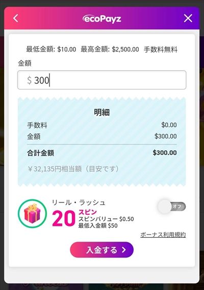 ecopayzで$300入金