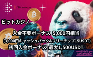 ビットカジノ 入金不要ボーナス 5,000円相当(3,000円キャッシュバック&フリーチップ15USDT) 初回入金ボーナス 最大1,500USDT