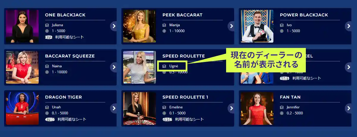 カジ旅では今出演しているディーラーさんの名前が一覧で分かる