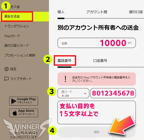 電話番号を入力して送金する方法