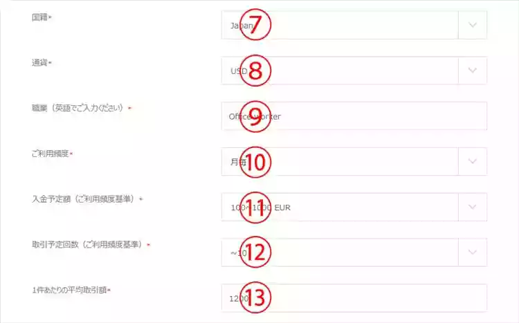 アカウント開設のための入力-②